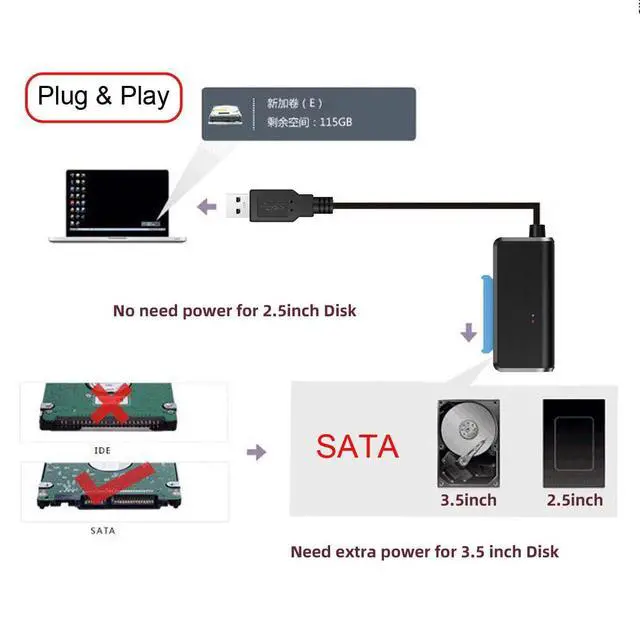 Alt view image 5 of 7 - USB 3.0 Type-A to SATA 7+15 22Pin Adapter Cable 5Gbps Angled Connector for 2.5inch 3.5inch Hard Disk Drive SSD for Desktop Laptop (Need 12V Power Supply)