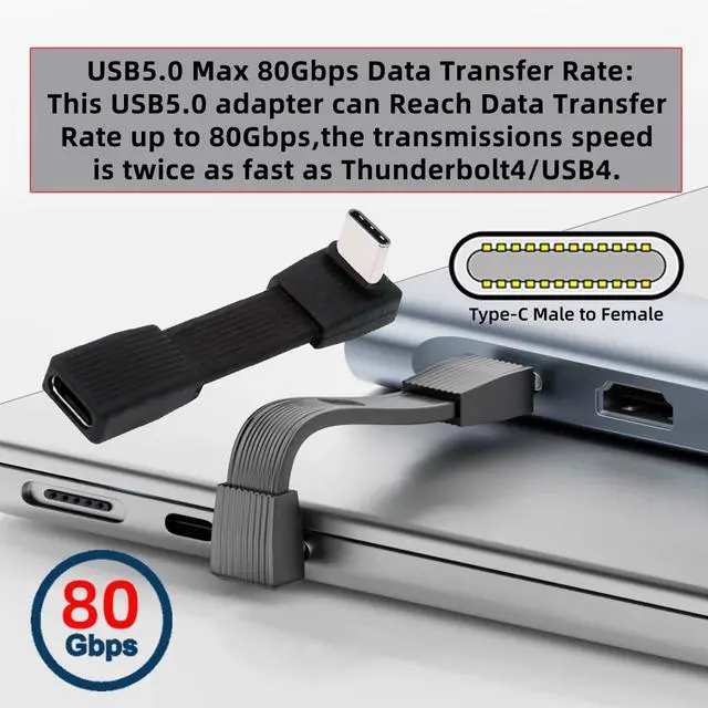 Alt view image 6 of 7 - USB5.0 80Gbps Flat Slim FPC Male to Female USB-C Type-C Extension Cable Up Angled 90 Degree 240W 16K 8K 60Hz 5K Compatible with 40Gbps USB4.0 Thunderbolt3/4/5 (51mm)