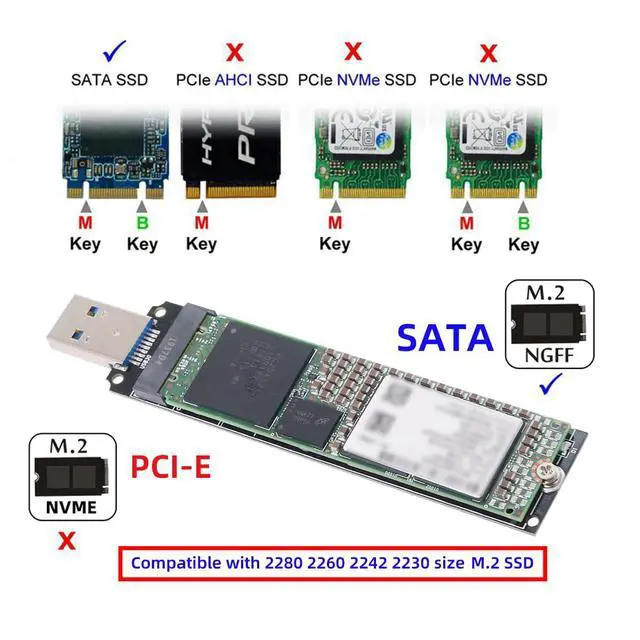 Alt view image 5 of 7 - USB 3.0 to Single Protocol Channel B/M-Key M.2 SATA 2280 2260 2242 2230 SSD External PCBA Case Conveter Adapter Enclosure ASM1153E Chipset