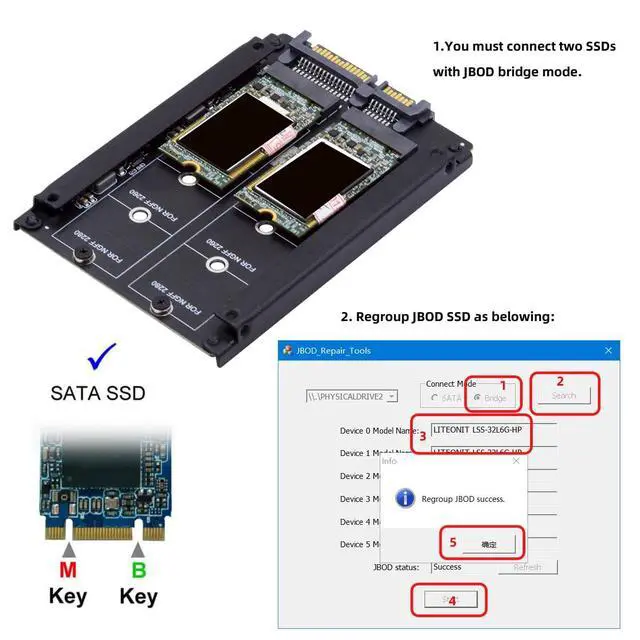 Alt view image 6 of 7 - Dual SATA NGFF B+M Key M.2 SSD Card JBOD Raid0 Span Bridge to 2.5inch SATA Combo HDD Disk Drive Enclosure