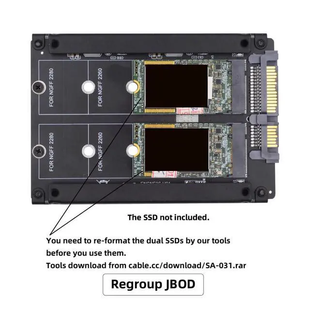 Alt view image 5 of 7 - Dual SATA NGFF B+M Key M.2 SSD Card JBOD Raid0 Span Bridge to 2.5inch SATA Combo HDD Disk Drive Enclosure