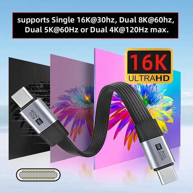 Alt view image 5 of 7 - 20cm USB5.0 80Gbps Flat Slim FPC Male to Male Extension Cable 240W 16K 8K 60Hz 5K Compatible with 40Gbps USB4.0 Thunderbolt3/4/5