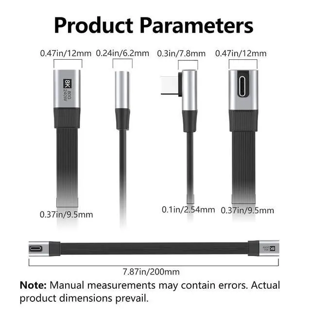 Alt view image 2 of 7 - 20cm USB5.0 80Gbps Flat Slim FPC Male to Female Extension Cable Low Profile Angled 90 Degree 240W 16K 8K 60Hz 5K Compatible with 40Gbps USB4.0 Thunderbolt3/4/5