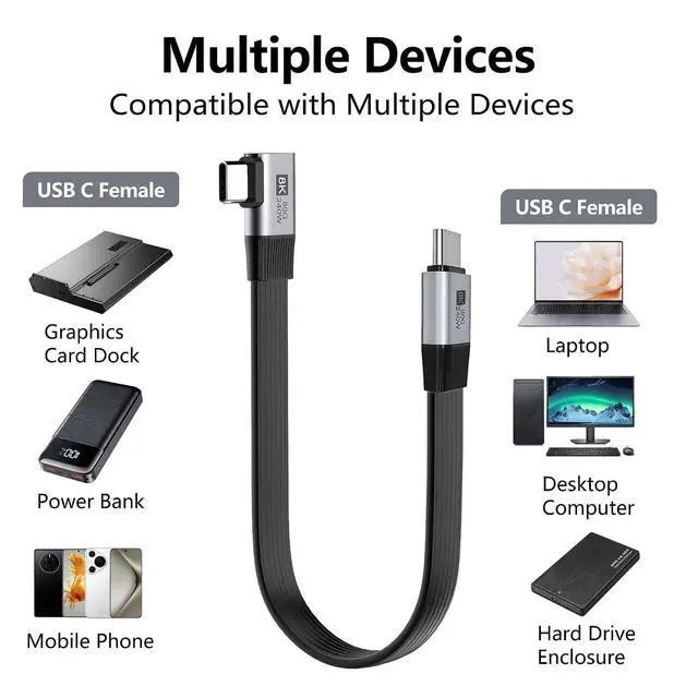 Alt view image 2 of 7 - 20cm USB5.0 80Gbps Flat Slim FPC Male to Male Extension Cable Right Angled 90 Degree 240W 16K 8K 60Hz 5K Compatible with 40Gbps USB4.0 Thunderbolt3/4/5