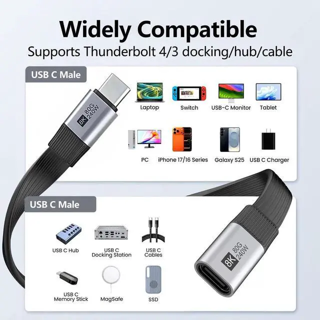 Alt view image 4 of 7 - 20cm USB5.0 80Gbps Flat Slim FPC Male to Female Extension Cable 240W 16K 8K 60Hz 5K Compatible with 40Gbps USB4.0 Thunderbolt3/4/5