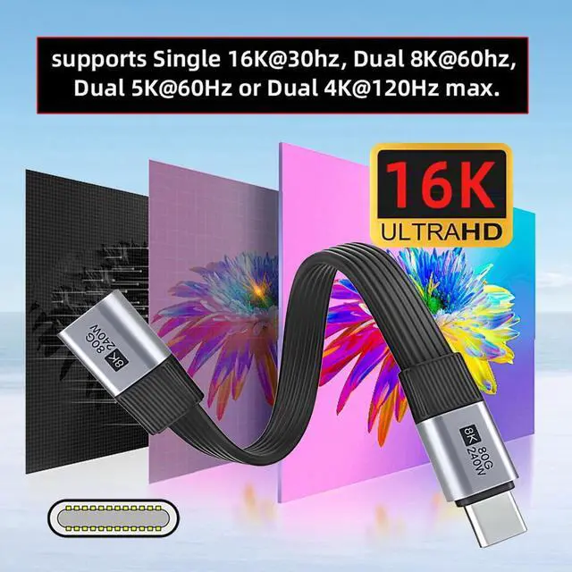 Alt view image 6 of 7 - 20cm USB5.0 80Gbps Flat Slim FPC Male to Female Extension Cable Up Angled 90 Degree 240W 16K 8K 60Hz 5K Compatible with 40Gbps USB4.0 Thunderbolt3/4/5