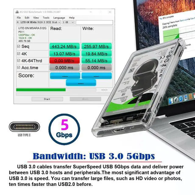 Alt view image 2 of 7 - 5Gbps USB 3.0 USB-C Type-C to 2.5 Inch SATA 7+15PinSSD HDD External Hard Disk Enclosure for Laptop Desktop (Transparent)