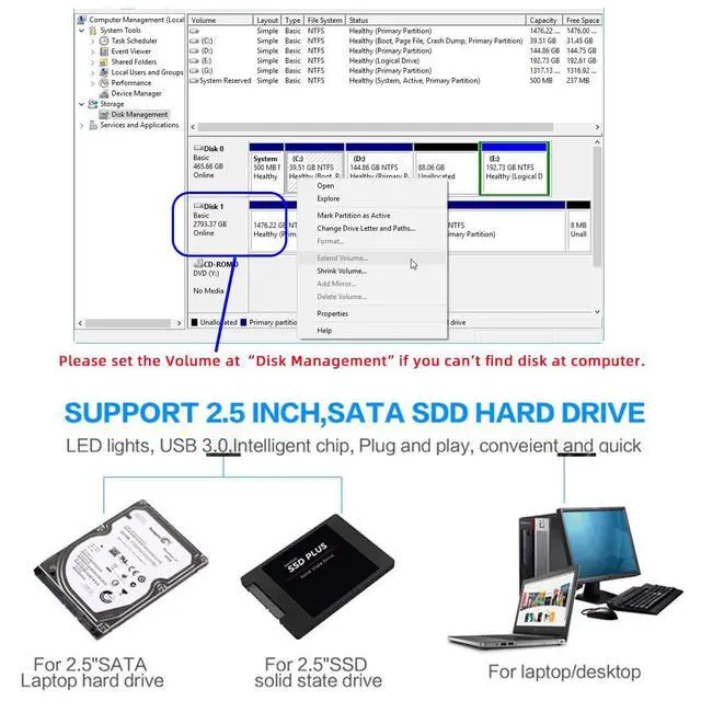 Alt view image 7 of 7 - 5Gbps USB 3.0 USB-C Type-C to 2.5 Inch SATA 7+15PinSSD HDD External Hard Disk Enclosure for Laptop Desktop (Black)
