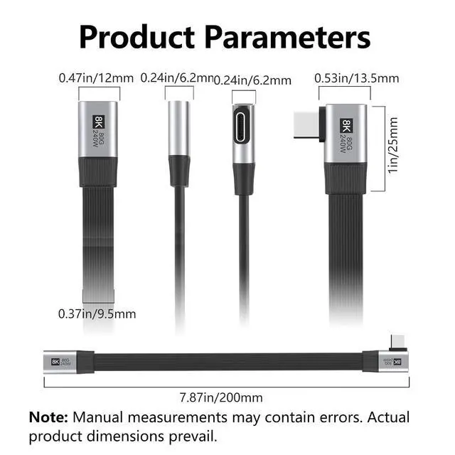 Alt view image 7 of 7 - 20cm USB5.0 80Gbps Flat Slim FPC Male to Female Extension Cable Right Angled 90 Degree 240W 16K 8K 60Hz 5K Compatible with 40Gbps USB4.0 Thunderbolt3/4/5