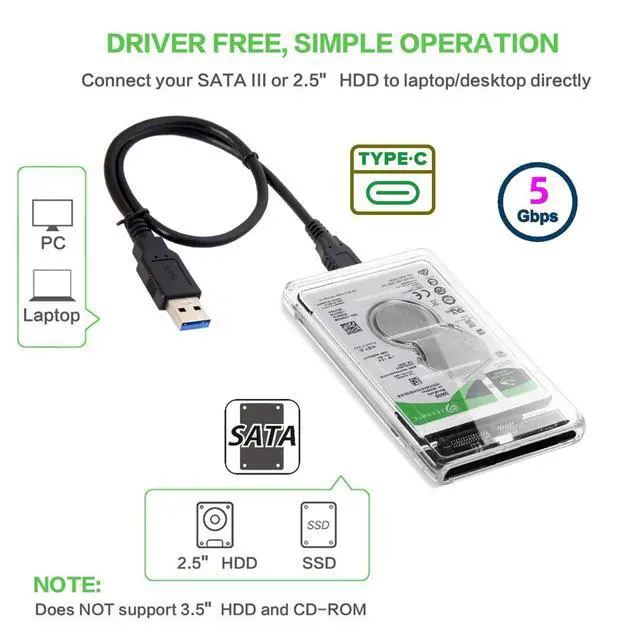 Alt view image 7 of 7 - 5Gbps USB 3.0 USB-C Type-C to 2.5 Inch SATA 7+15PinSSD HDD External Hard Disk Enclosure for Laptop Desktop (Transparent)