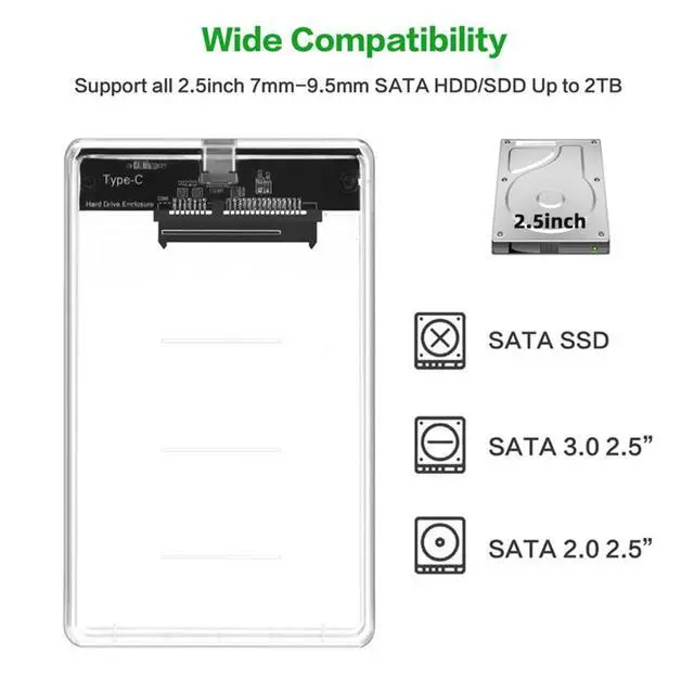 Alt view image 5 of 7 - 5Gbps USB 3.0 USB-C Type-C to 2.5 Inch SATA 7+15PinSSD HDD External Hard Disk Enclosure for Laptop Desktop (Transparent)