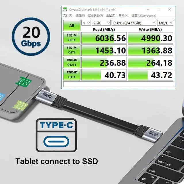 Alt view image 7 of 7 - 20cm USB5.0 80Gbps Flat Slim FPC Male to Male Extension Cable 240W 16K 8K 60Hz 5K Compatible with 40Gbps USB4.0 Thunderbolt3/4/5