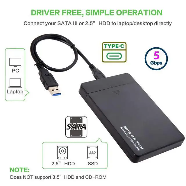 Alt view image 5 of 7 - 5Gbps USB 3.0 USB-C Type-C to 2.5 Inch SATA 7+15PinSSD HDD External Hard Disk Enclosure for Laptop Desktop (Black)