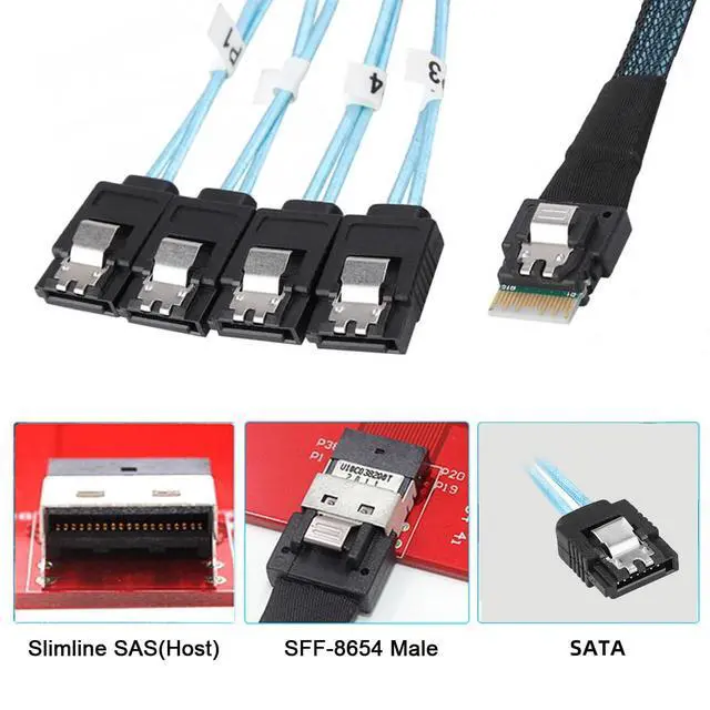 Alt view image 2 of 7 - 4x6Gbps Slimline SAS 4.0 SFF-8654 4i 38pin Host to 4 SATA 7pin Target Hard Disk Fanout Raid Cable 50cm