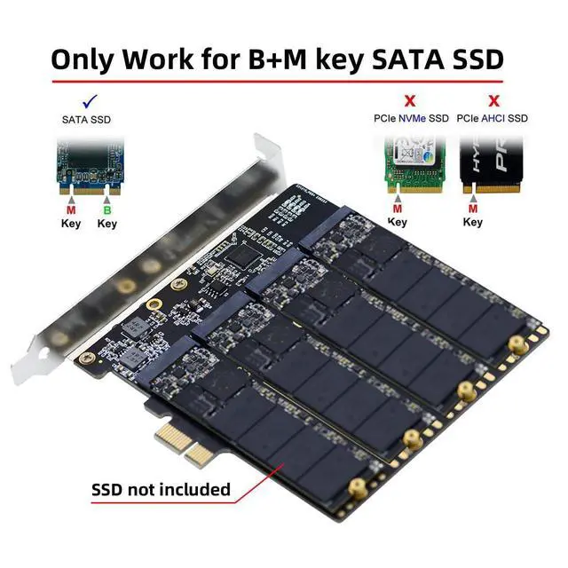 Alt view image 2 of 7 - Four SATA NGFF Key B+M SSD to PCI-Express 1x Mainboard Desktop Adapter Converter SSD Card ASM1064 2280