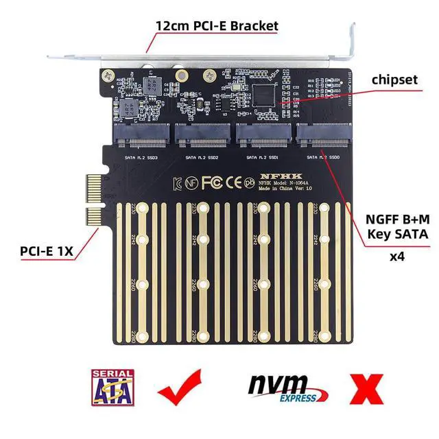 Alt view image 4 of 7 - Four SATA NGFF Key B+M SSD to PCI-Express 1x Mainboard Desktop Adapter Converter SSD Card ASM1064 2280