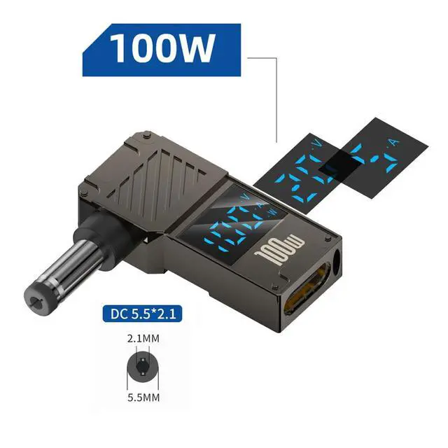 Alt view image 2 of 7 - Type-C Adapter USB Female Input to DC 5.5x2.1mm Male Plug Output with Smart LED Display Power 20V 5A PD Charge 100W 65W Adapter Compatible with Laptop