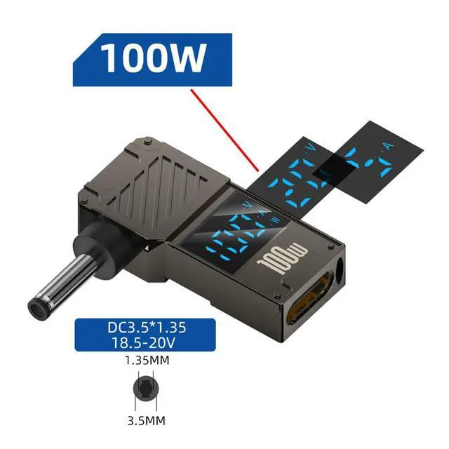 Alt view image 7 of 7 - Type-C Adapter USB Female Input to DC 3.5x1.3mm Male Plug Output with Smart LED Display Power 20V 5A PD Charge 100W 65W Adapter Compatible with Laptop