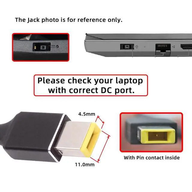 Alt view image 5 of 7 - Type-C Adapter USB Female Input to Rectangular DC Jack with Smart LED Display Power 20V 5A PD Charge 100W 65W Adapter for Thinkpad X1 Legion Y7000P Laptop 54Y8925 00PC759 EdgeE440 E400 T440p x250