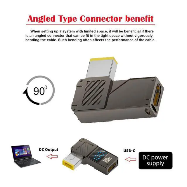 Alt view image 7 of 7 - Type-C Adapter USB Female Input to Rectangular DC Jack with Smart LED Display Power 20V 5A PD Charge 100W 65W Adapter for Thinkpad X1 Legion Y7000P Laptop 54Y8925 00PC759 EdgeE440 E400 T440p x250