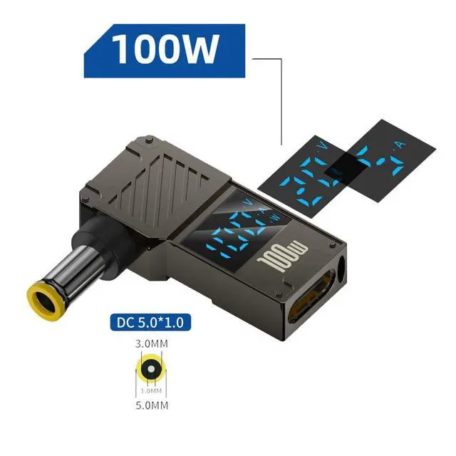Alt view image 4 of 7 - Type-C Adapter USB Female Input to DC 5.0x1.0mm Male Plug Output with Smart LED Display Power 20V 5A PD Charge 100W 65W Adapter Compatible with Laptop