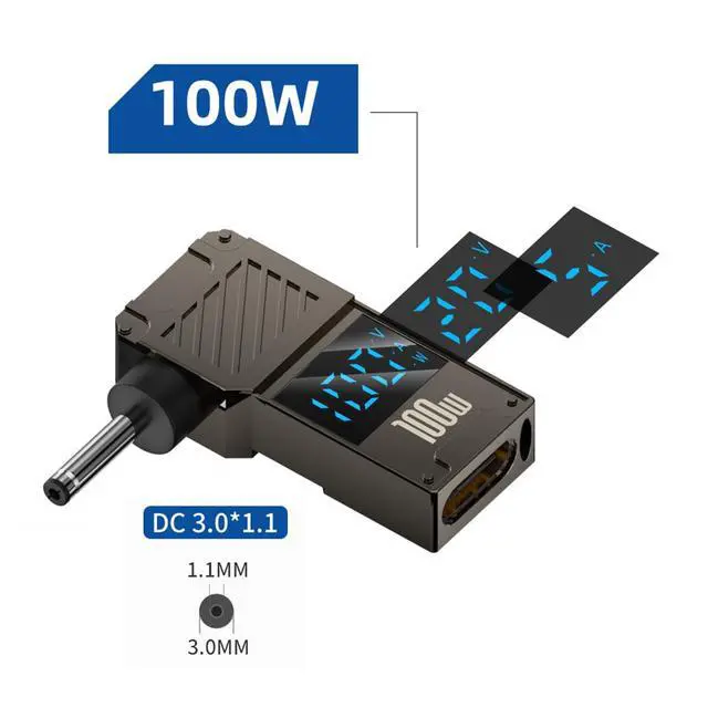 Alt view image 2 of 7 - Type-C Adapter USB Female Input to DC 3.0x1.1mm Male Plug Output with Smart LED Display Power 20V 5A PD Charge 100W 65W Adapter Compatible with Laptop