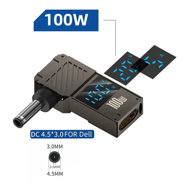 Alt view image 2 of 7 - Type-C Adapter USB Female Input to DC 4.5x3.0mm Male Plug Output with Smart LED Display Power 20V 5A PD Charge 100W 65W Adapter Compatible with Laptop XPS12 XPS13 XPS15 7572 5568 3458 3468 3459 3465