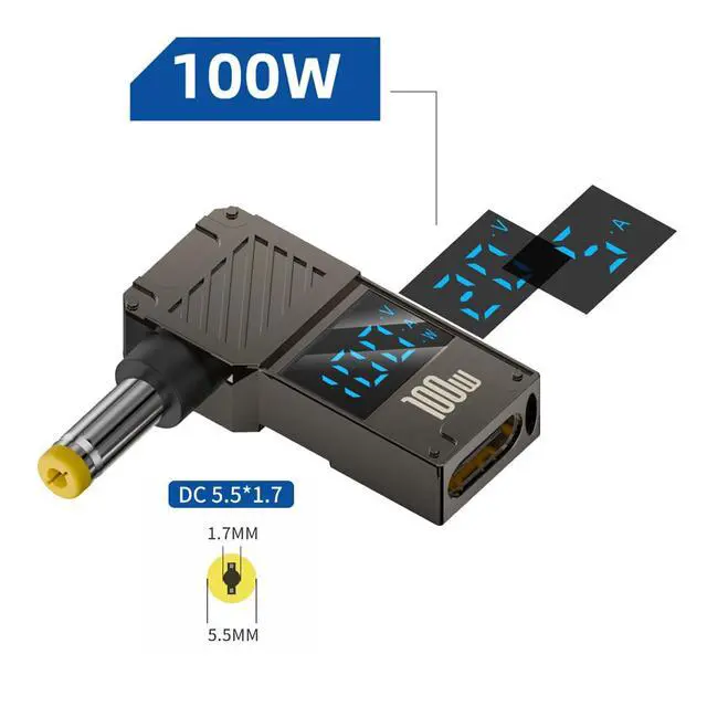 Alt view image 2 of 7 - Type-C Adapter USB Female Input to DC 5.5x1.7mm Male Plug Output with Smart LED Display Power 20V 5A PD Charge 100W 65W Adapter Compatible with Laptop