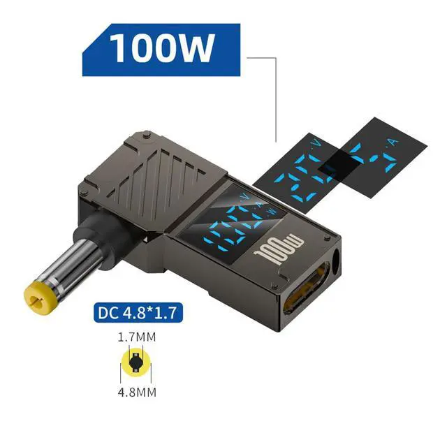Alt view image 2 of 7 - Type-C Adapter USB Female Input to DC 4.8x1.7mm Male Plug Output with Smart LED Display Power 20V 5A PD Charge 100W 65W Adapter Compatible with Laptop NC6220 6520S CQ515 510 541 DC359A