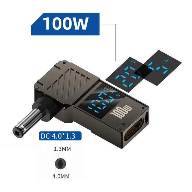 Alt view image 2 of 7 - Type-C Adapter USB Female Input to DC 4.0x1.3mm Male Plug Output with Smart LED Display Power 20V 5A PD Charge 100W 65W Adapter Compatible with Laptop