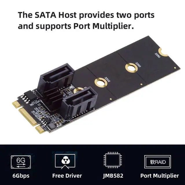 Alt view image 6 of 7 - Key B+M PCI Express to SATA 3.0 6Gbps Dual Ports Vertical Adapter Converter Hard Drive Extension Card SATA PM Multiplier Port Selector JMB582 2230 2242 2260 2280