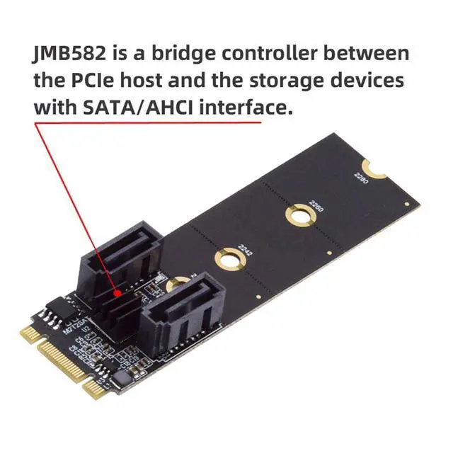 Alt view image 7 of 7 - Key B+M PCI Express to SATA 3.0 6Gbps Dual Ports Vertical Adapter Converter Hard Drive Extension Card SATA PM Multiplier Port Selector JMB582 2230 2242 2260 2280