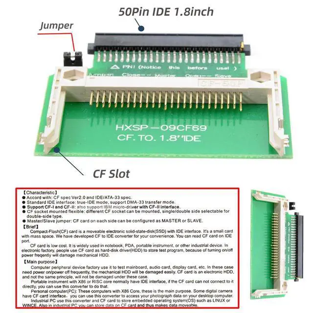 Alt view image 7 of 7 - CF Compact Flash Memory Card True-IDE Mode to 50pin 1.8 Inch IDE Hard Drive HDD SSD Converter Adapter Supports Master Slave Mode