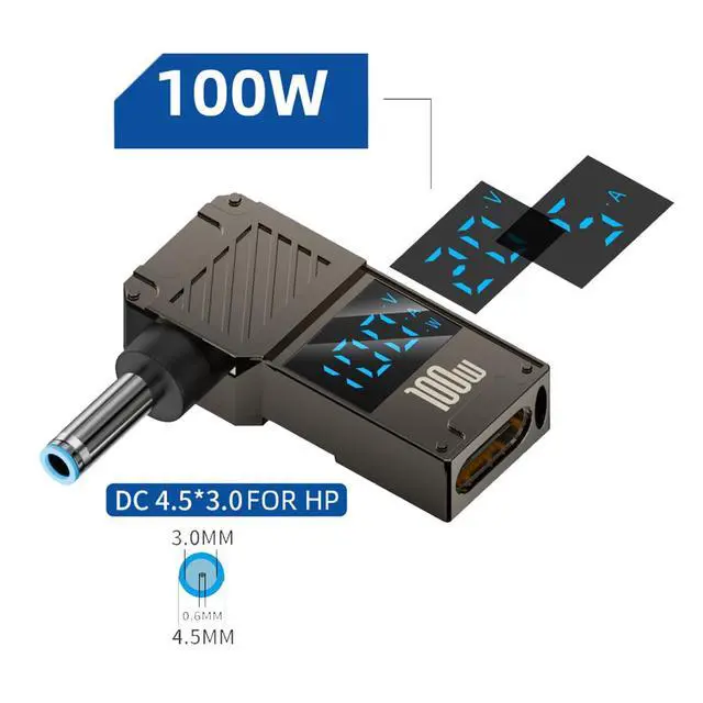Alt view image 2 of 7 - Type-C Adapter USB Female Input to DC 4.5x3.0mm Male Plug Output with Smart LED Display Power 20V 5A PD Charge 100W 65W Adapter Compatible with Laptop Pavilion 15 G1 G2 G3 G4 G5 ENVY 14/15/17 Q117