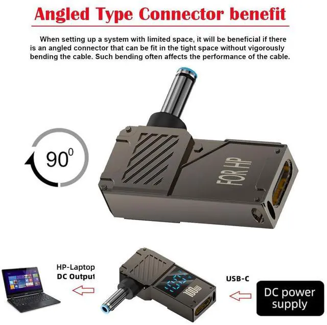 Alt view image 3 of 7 - Type-C Adapter USB Female Input to DC 4.5x3.0mm Male Plug Output with Smart LED Display Power 20V 5A PD Charge 100W 65W Adapter Compatible with Laptop Pavilion 15 G1 G2 G3 G4 G5 ENVY 14/15/17 Q117