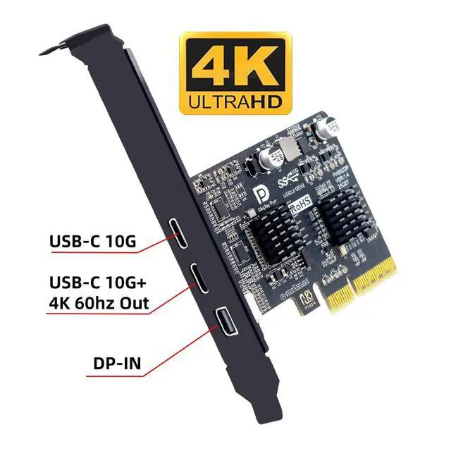 Alt view image 3 of 7 - 10Gbps PCI-E Express 4X & Mini DP Displayport 1.4 Input to Dual USB3.1 Type-C USB-C & 4K 60hz Output Desktop Graphics Expansion Card Adapter ASM3142