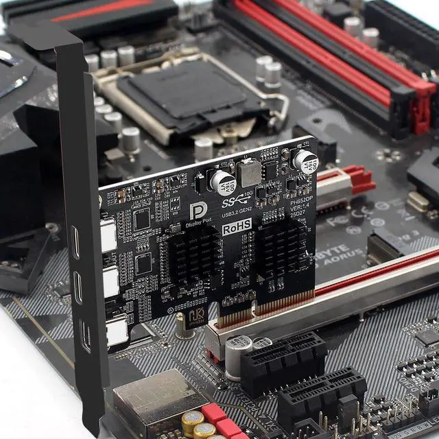 Alt view image 5 of 7 - 10Gbps PCI-E Express 4X & Mini DP Displayport 1.4 Input to Dual USB3.1 Type-C USB-C & 4K 60hz Output Desktop Graphics Expansion Card Adapter ASM3142