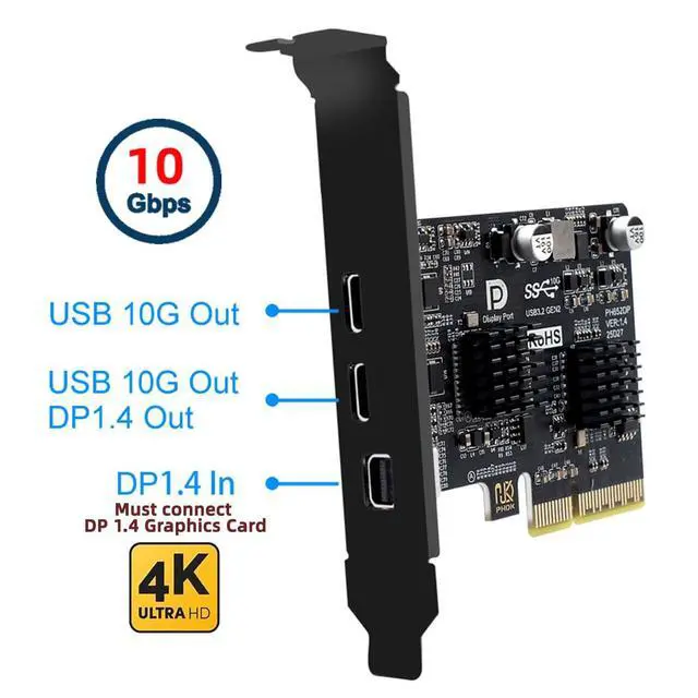 Alt view image 7 of 7 - 10Gbps PCI-E Express 4X & Mini DP Displayport 1.4 Input to Dual USB3.1 Type-C USB-C & 4K 60hz Output Desktop Graphics Expansion Card Adapter ASM3142