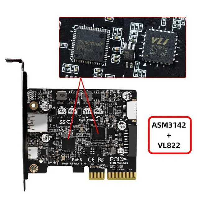 Alt view image 3 of 7 - 10Gbps Type-E USB 3.1 Front Socket & USB3.0 19Pin/20Pin & Type-A USB-C to PCI-E Express Card Adapter ASM3142 VL822