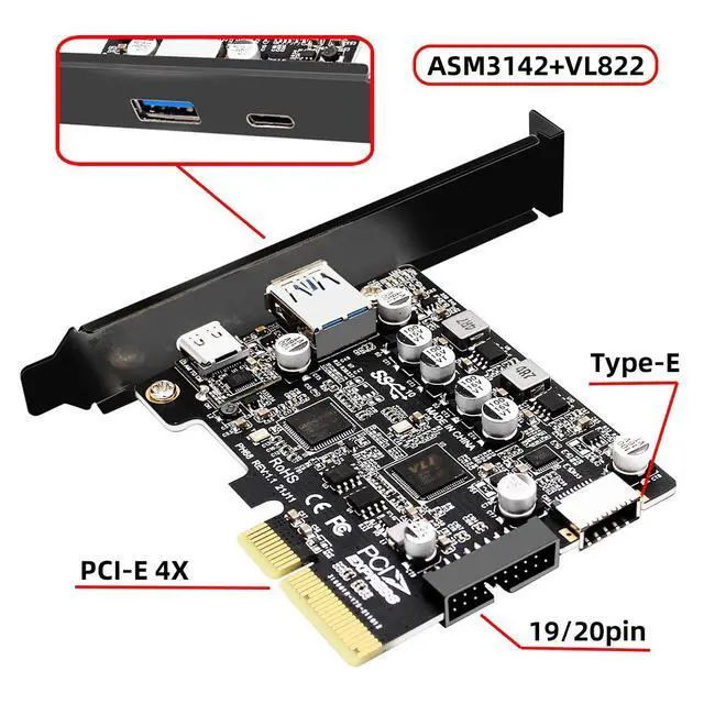 Alt view image 2 of 7 - 10Gbps Type-E USB 3.1 Front Socket & USB3.0 19Pin/20Pin & Type-A USB-C to PCI-E Express Card Adapter ASM3142 VL822