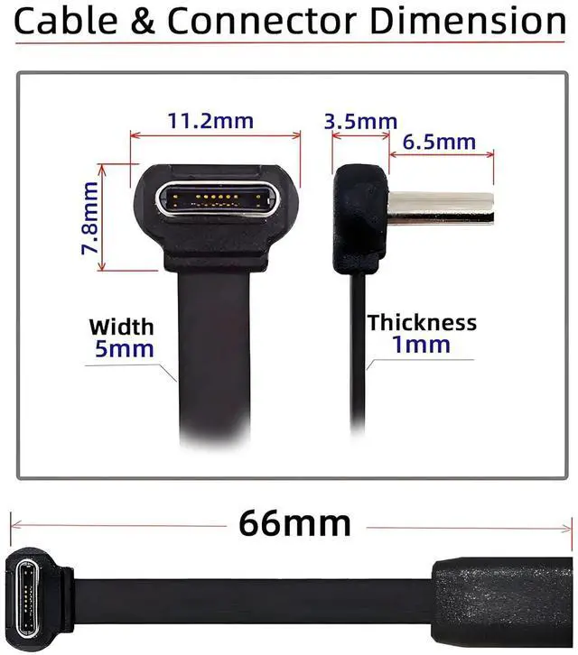 Alt view image 6 of 7 - 90 Degree Up Down Angled USB2.0 Version Ultra Slim Flat USB-C Type-C Male to Male USB-C Power 480Mbps Data Cable 65W Fast Charge forLaptop Tablet Phone (66mm)