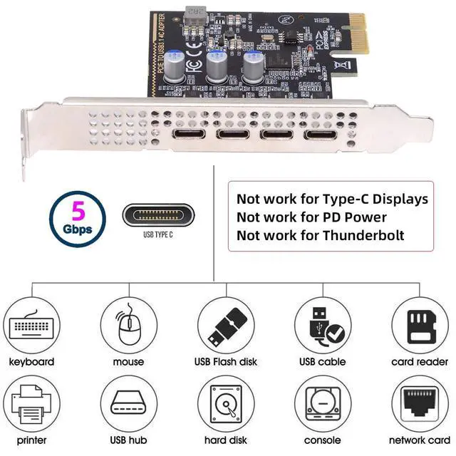 Alt view image 7 of 7 - USB3.1 Gen1 5Gbps Four Ports Type-C USB-C Female to PCI-E Express 1x Card Adapter uPD720201 with Low Profile Bracket
