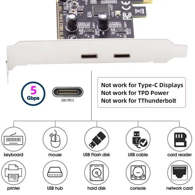 Alt view image 7 of 7 - 5Gbps USB3.1 Gen1 Dual Type-C USB-C Female to PCI-E Express 1x Card Adapter ASM1042 Chipset with Low Profile Bracket