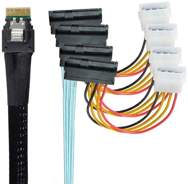 Main image of Internal Slimline SAS HD SFF-8654 Host Controller to 4 SFF-8482 Target SAS Hard Disk and SATA Power Breakout Fanout Cable (100cm)