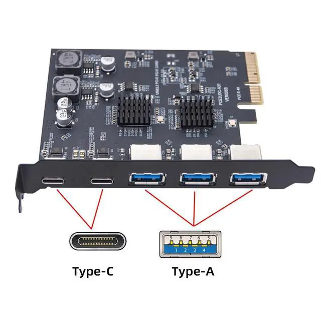 Alt view image 2 of 7 - 10Gbps Three Type-A USB3.0 Socket & Dual USB3.1 Type-C USB-C Back Panel to PCI-E Express Card Adapter ASM3142 VL822
