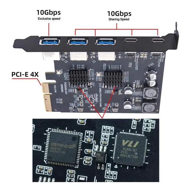 Alt view image 4 of 7 - 10Gbps Three Type-A USB3.0 Socket & Dual USB3.1 Type-C USB-C Back Panel to PCI-E Express Card Adapter ASM3142 VL822