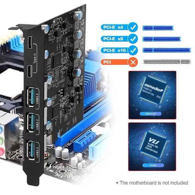 Alt view image 7 of 7 - 10Gbps Three Type-A USB3.0 Socket & Dual USB3.1 Type-C USB-C Back Panel to PCI-E Express Card Adapter ASM3142 VL822