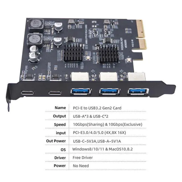Alt view image 6 of 7 - 10Gbps Three Type-A USB3.0 Socket & Dual USB3.1 Type-C USB-C Back Panel to PCI-E Express Card Adapter ASM3142 VL822