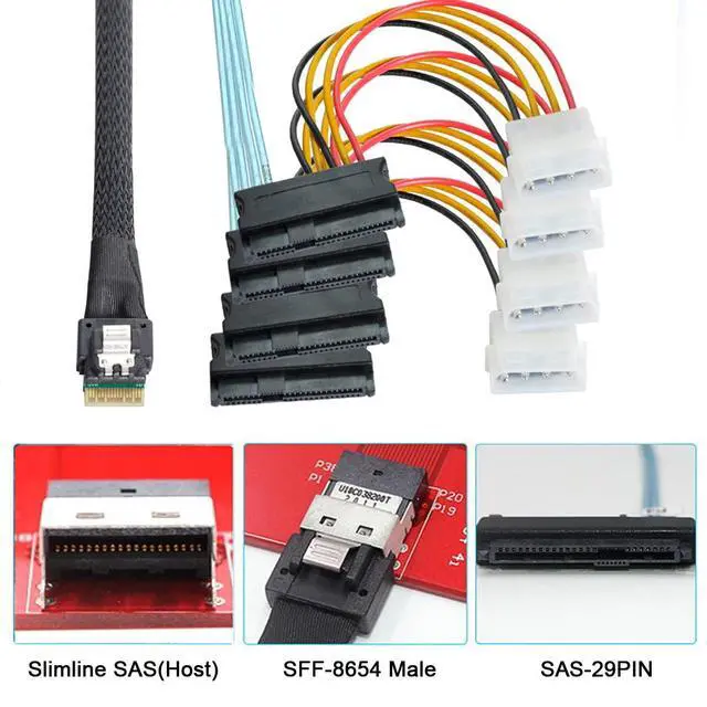 Alt view image 6 of 7 - Internal Slimline SAS HD SFF-8654 Host Controller to 4 SFF-8482 Target SAS Hard Disk and SATA Power Breakout Fanout Cable (100cm)