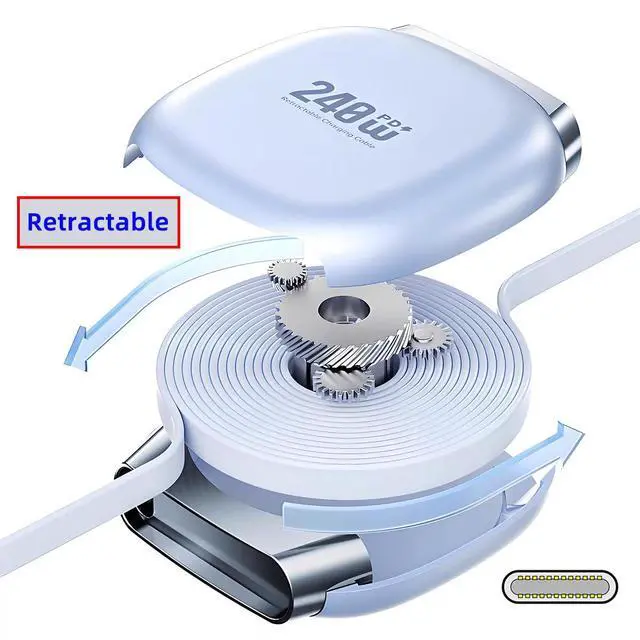 Alt view image 7 of 7 - Type-C Male to Male Retractable Stretch Coiled USB-C Cable USB2.0 Version 480Mbps 240W Compatible with Laptop Phone Tablet Power & Data 100cm (Blue)